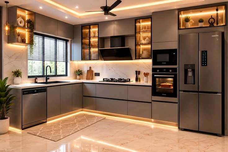 Grey L-shaped modular kitchen with marble-look surfaces and warm illuminated cabinetry