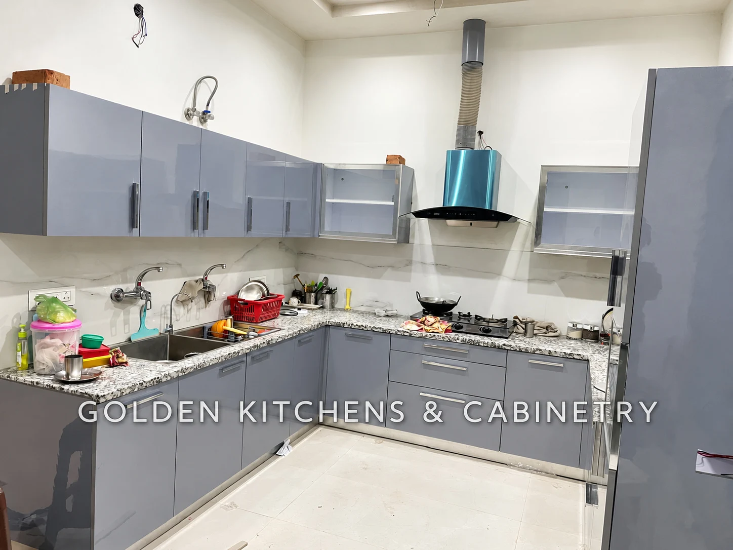 Grey kitchen, wide view