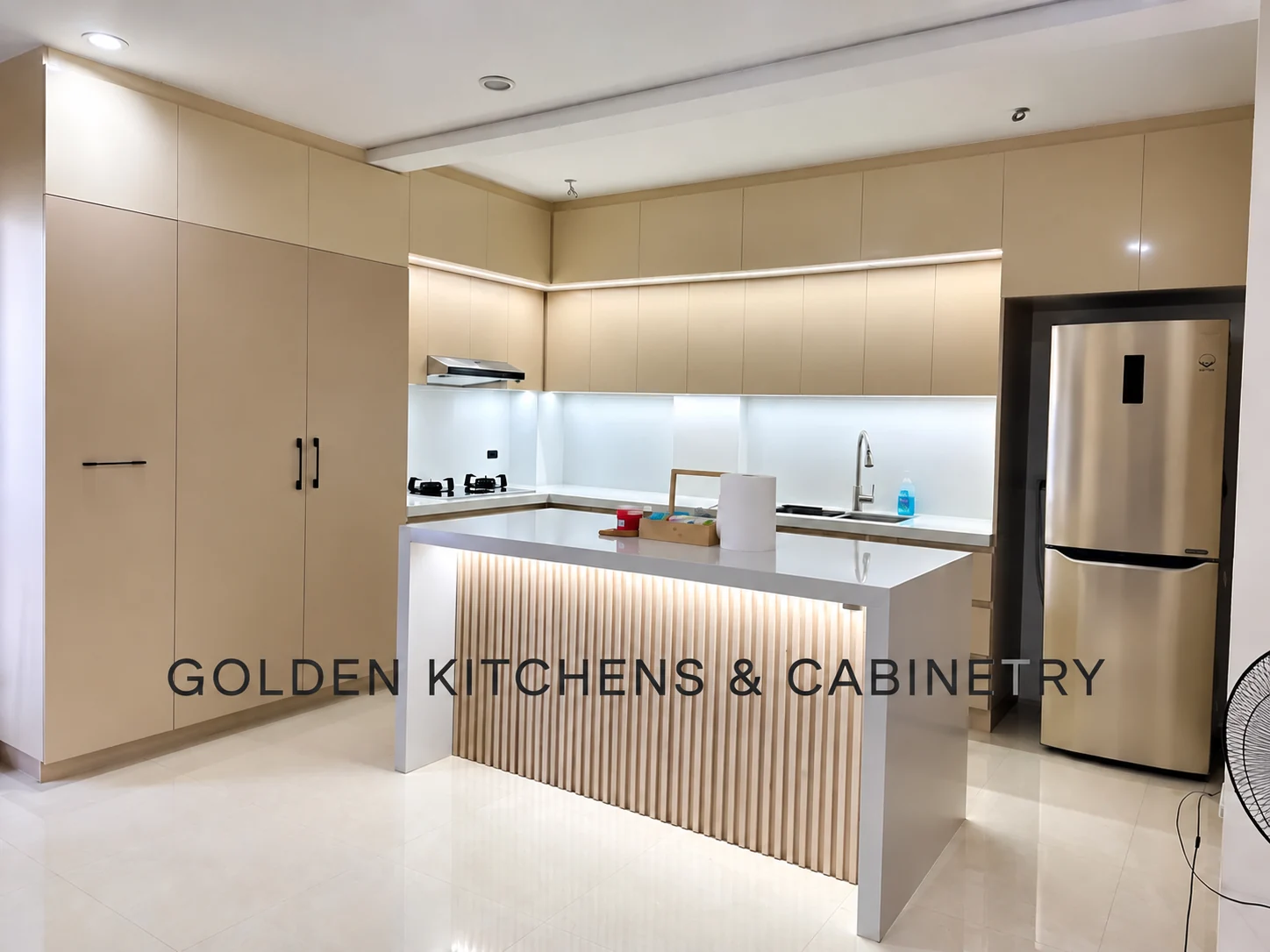 Neutral kitchen with fluted island