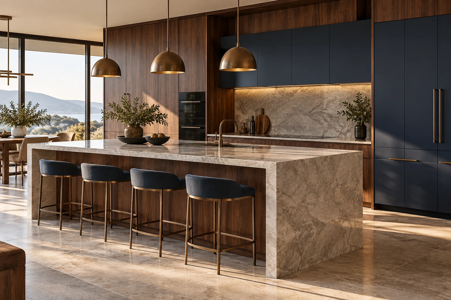 Illustrative interior: Luxury kitchen with walnut and navy cabinetry and a stone island