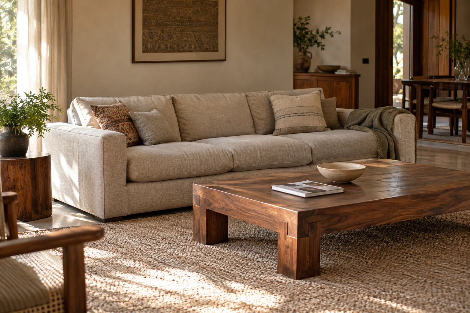 Living room inspiration with a premium upholstered sofa and a solid walnut centre table in natural daylight