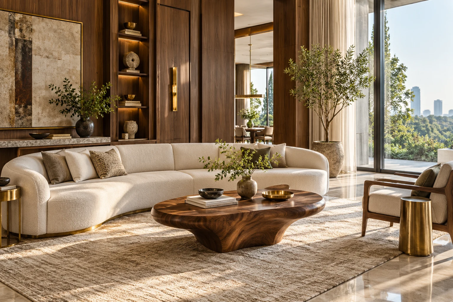 Illustrative interior: Sculptural walnut centre table and cream sofa in a luxury living room