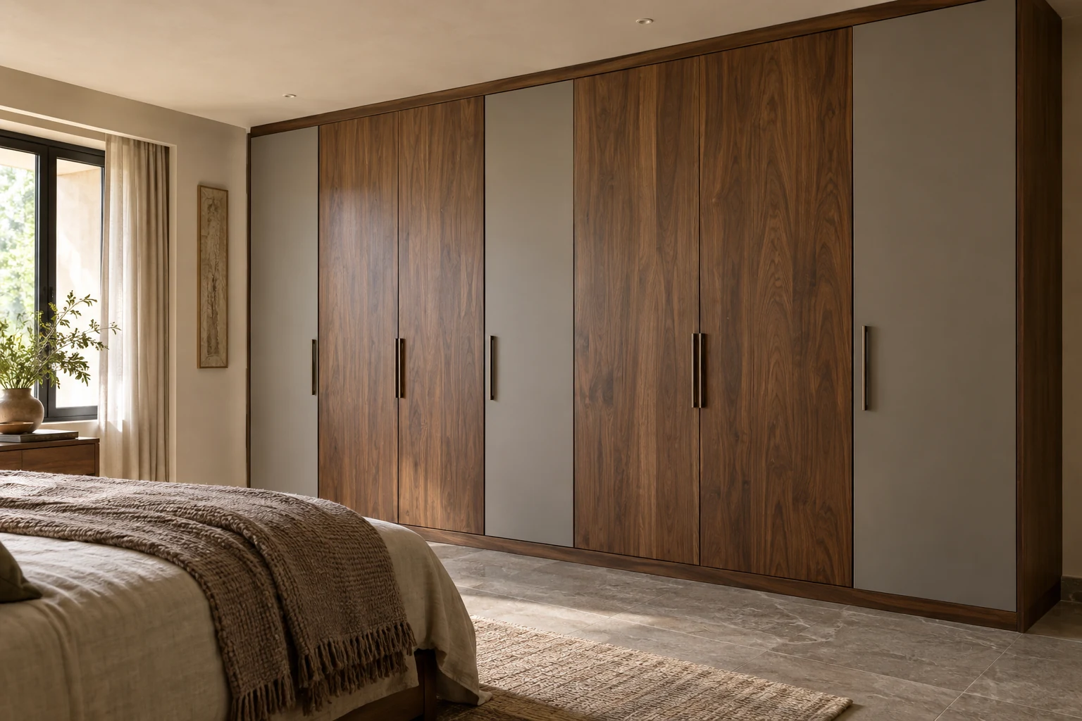 Fitted wardrobe inspiration with walnut and warm grey cabinetry and practical bedroom storage