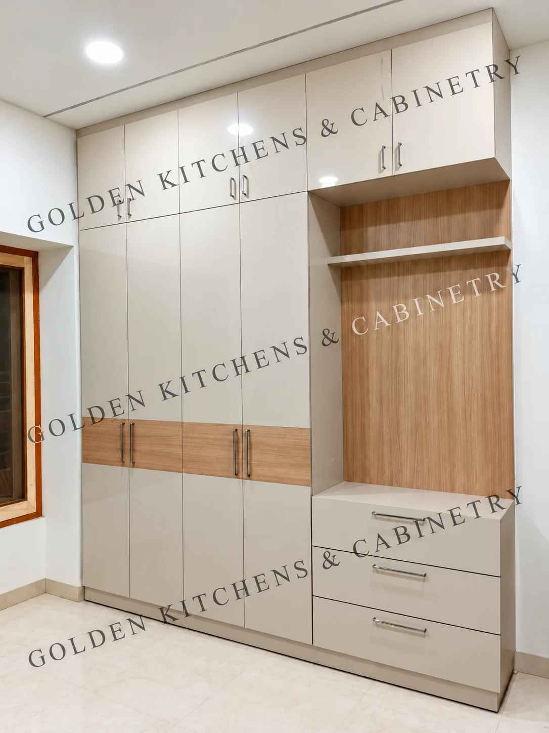 White wardrobe with wood accents and open shelving