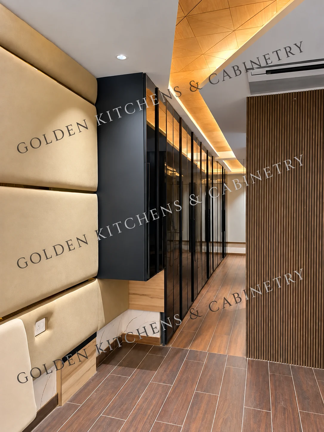 Glass-fronted walk-in wardrobe during installation